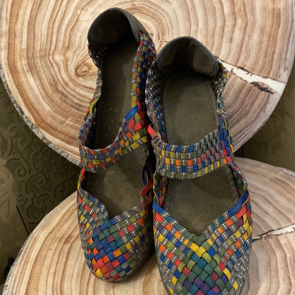 Multi colored Size 9 Espadrilles  w/ wedged heels background is grey is h in gen
